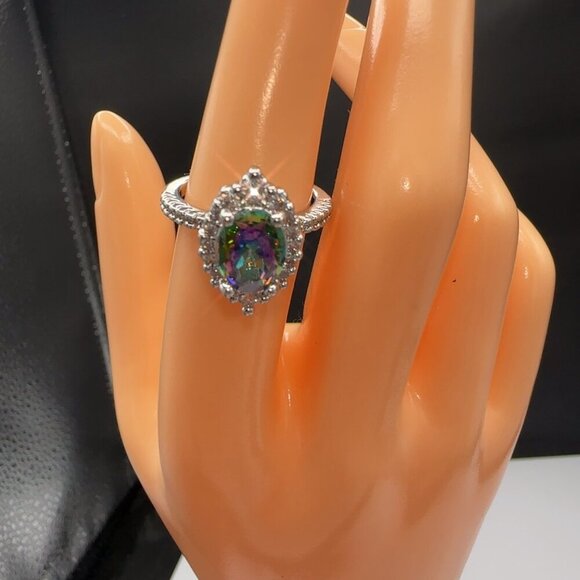 Rainbow Zircon Teardrop Halo Ring With Silvertone Band - Picture 7 of 7